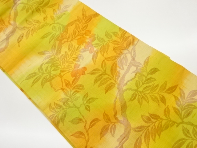 手織り紬枝葉に花模様織出し名古屋帯